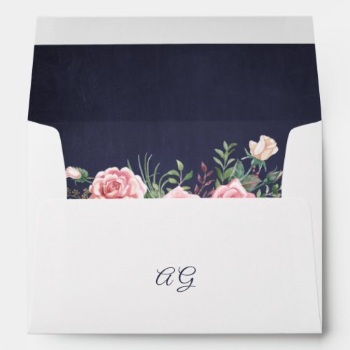 Elegant navy blue blush pink floral wedding  envelope