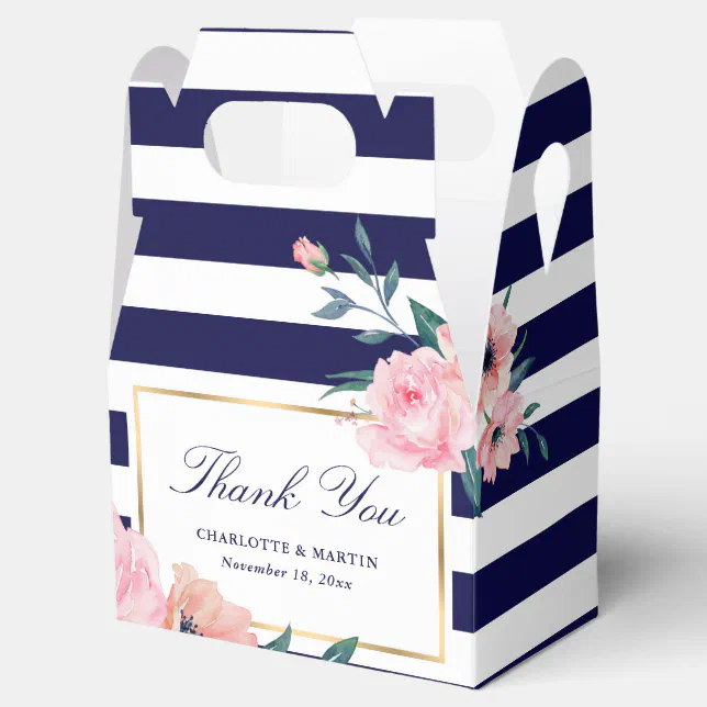 Elegant Navy Blue Blush Pink Floral Wedding Favor Boxes | Zazzle