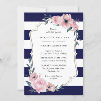 Elegant Navy Blue Blush Pink Floral Wedding Invitation