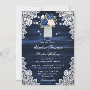 Elegant Navy Blue Blush Pink Floral Wedding Invitation