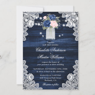 Elegant Navy Blue Blush Pink Floral Wedding Invitation