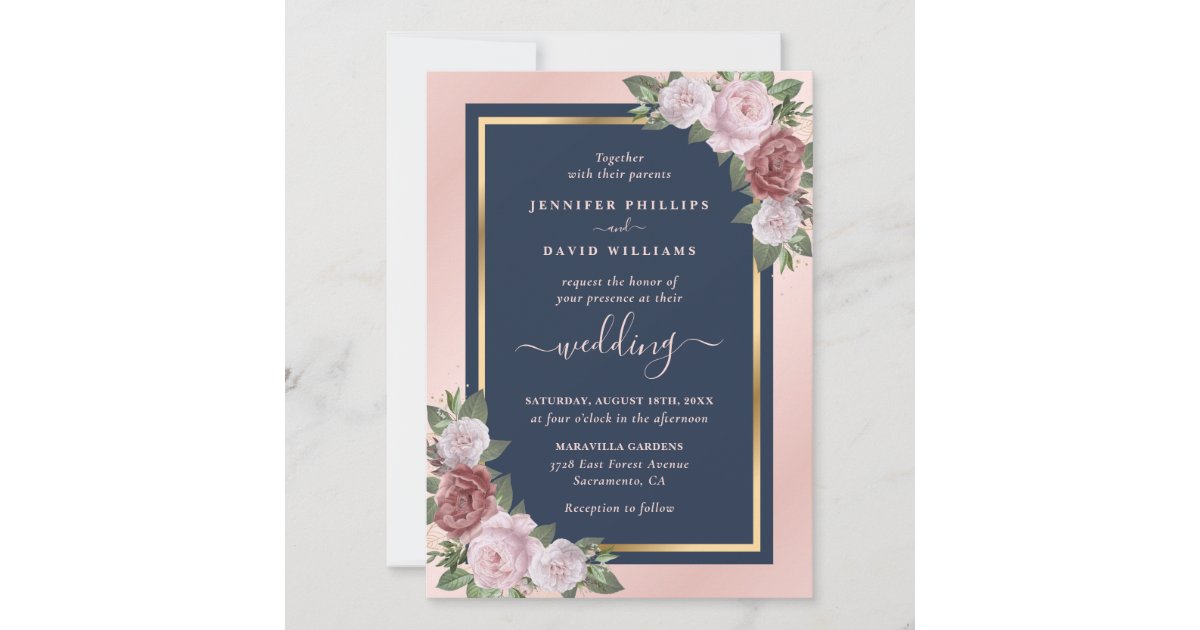 Elegant Navy Blue Blush Pink Gold Floral Wedding Invitation | Zazzle