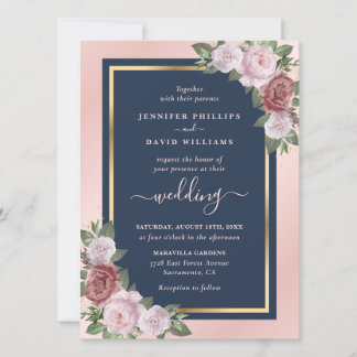Elegant Navy Blue Blush Pink Gold Floral Wedding Invitation