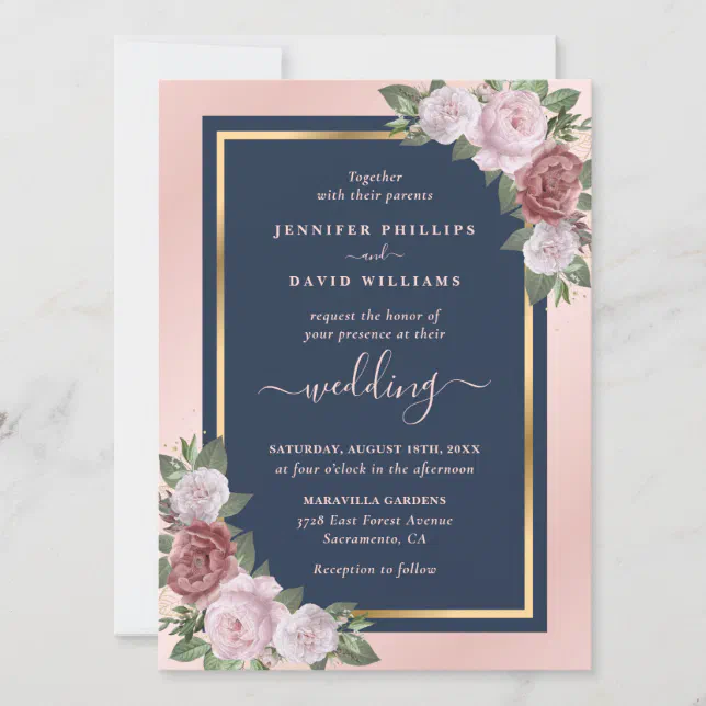 Elegant Navy Blue Blush Pink Gold Floral Wedding Invitation | Zazzle