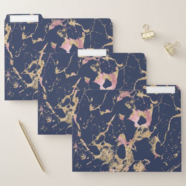 Elegant Navy Blue Blush Pink Gold Marble Pattern File Folder (Set)