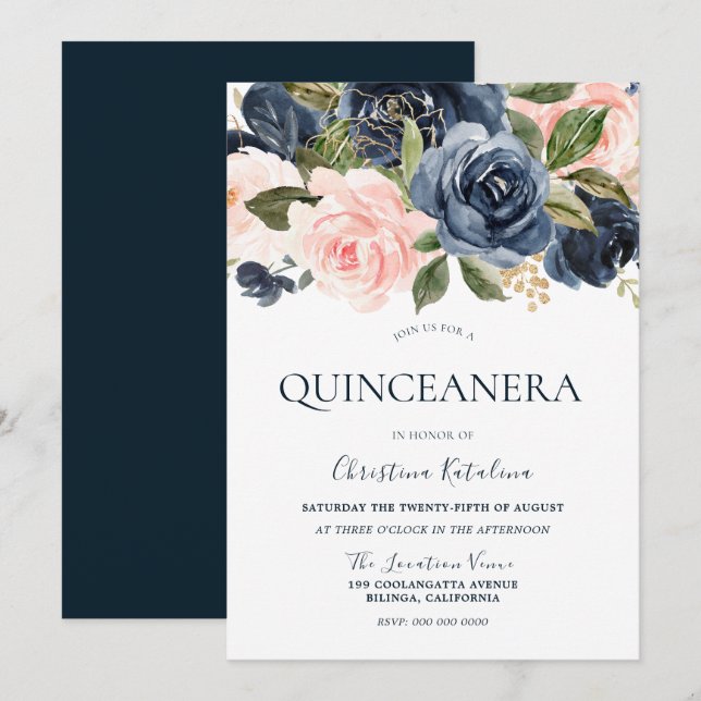 Elegant Navy Blue & Blush Pink Quinceanera Invitation (Front/Back)