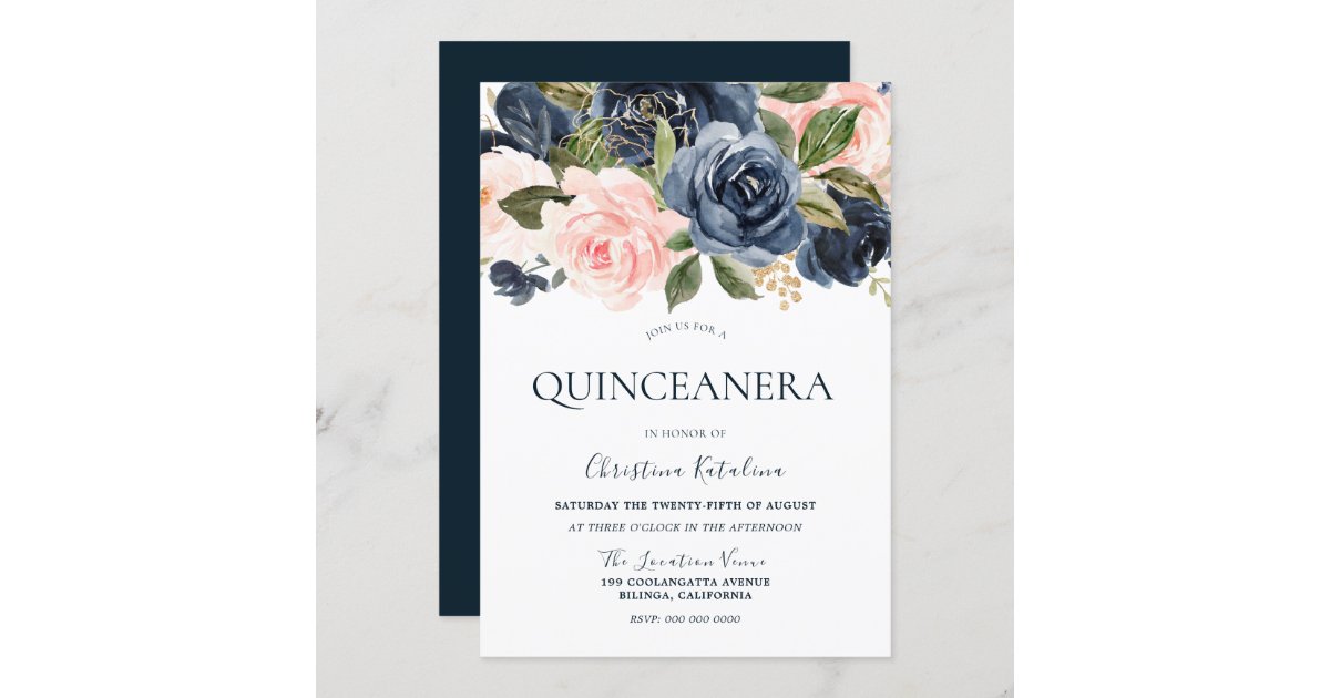 Elegant Navy Blue & Blush Pink Quinceanera Invitation | Zazzle