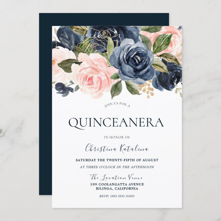 Elegant Navy Blue & Blush Pink Quinceanera Invitation | Zazzle.com