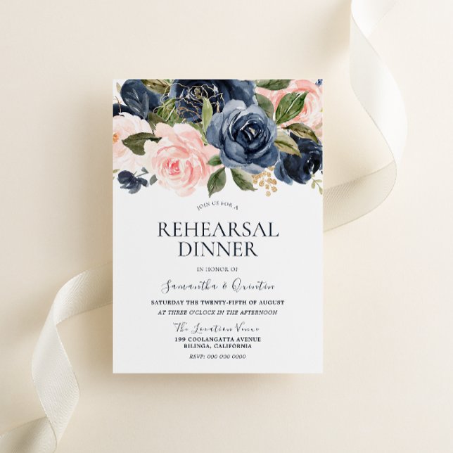 Elegant Navy Blue & Blush Pink Rehearsal Dinner Invitation (Creator Uploaded)