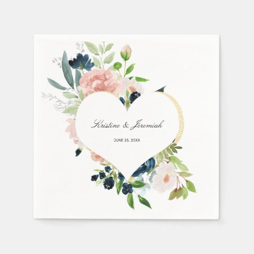 Elegant Navy Blue Blush Pink Rose Floral Wedding Napkins