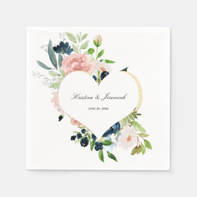 Elegant Navy Blue Blush Pink Rose Floral Wedding Napkins (Front)