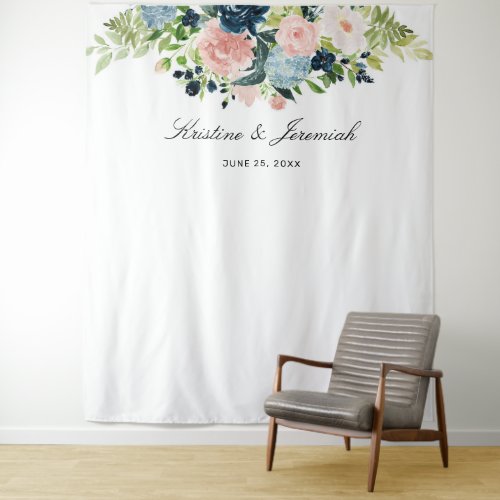 Elegant Navy Blue Blush Pink Rose Floral Wedding Tapestry