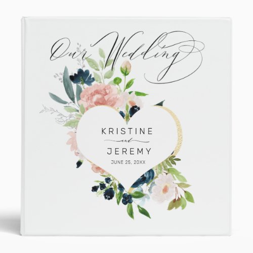 Elegant Navy Blue Blush Rose Floral Heart Wedding 3 Ring Binder