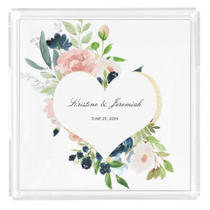 Elegant Navy Blue Blush Rose Floral Heart Wedding Acrylic Tray