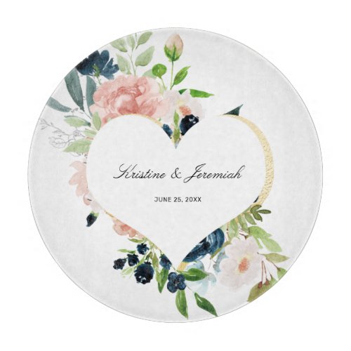 Elegant Navy Blue Blush Rose Floral Heart Wedding  Cutting Board