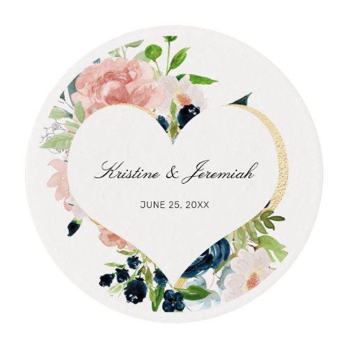 Elegant Navy Blue Blush Rose Floral Heart Wedding Edible Frosting Rounds