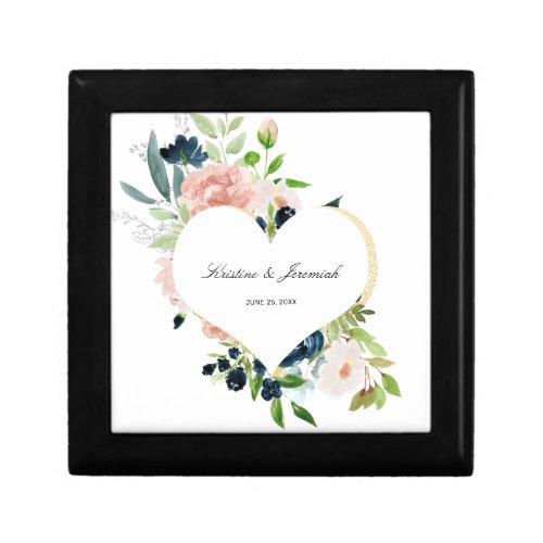 Elegant Navy Blue Blush Rose Floral Heart Wedding Gift Box