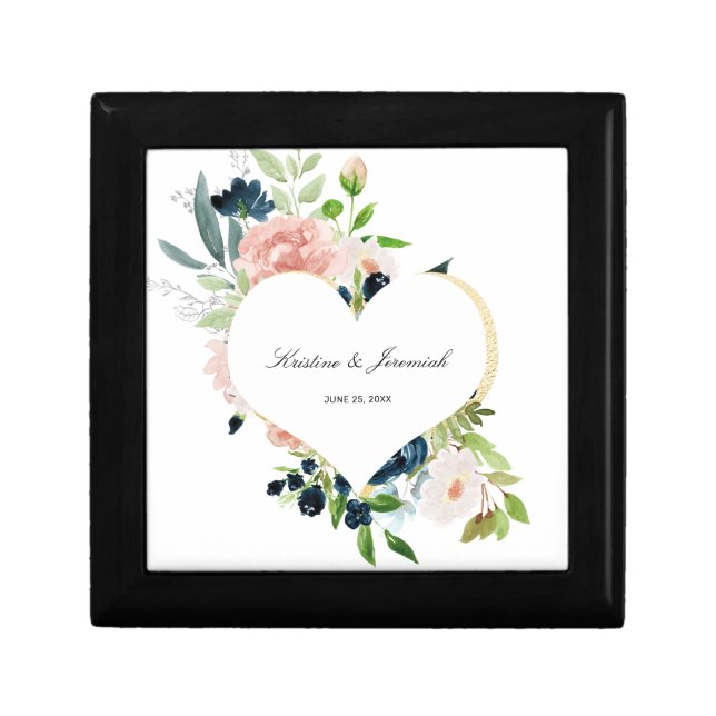Elegant Navy Blue Blush Rose Floral Heart Wedding Gift Box (Front)