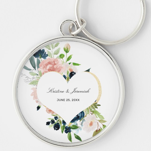Elegant Navy Blue Blush Rose Floral Heart Wedding Keychain (Front)
