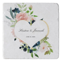 Elegant Navy Blue Blush Rose Floral Heart Wedding Trivet