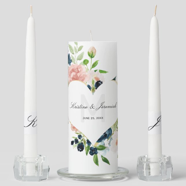 Elegant Navy Blue Blush Rose Floral Heart Wedding Unity Candle Set (Front)