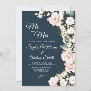 Elegant Navy Blue & Blush Rose Flowers Wedding Invitation