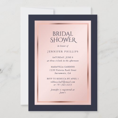 Elegant Navy Blue Blush Rose Gold Bridal Shower Invitation