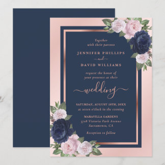 Elegant Navy Blue Blush Rose Gold Floral Wedding Invitation