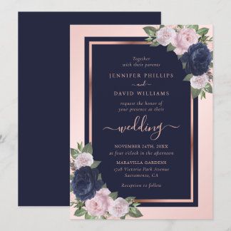 Elegant Navy Blue Blush Rose Gold Floral Wedding Invitation