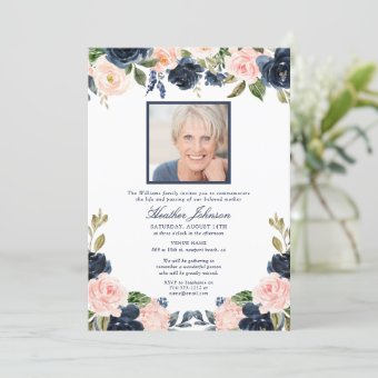 Elegant Navy Blue Blush Watercolor Floral Funeral Invitation | Zazzle