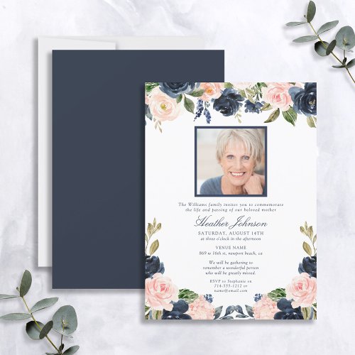 Elegant Navy Blue Blush Watercolor Floral Funeral Invitation