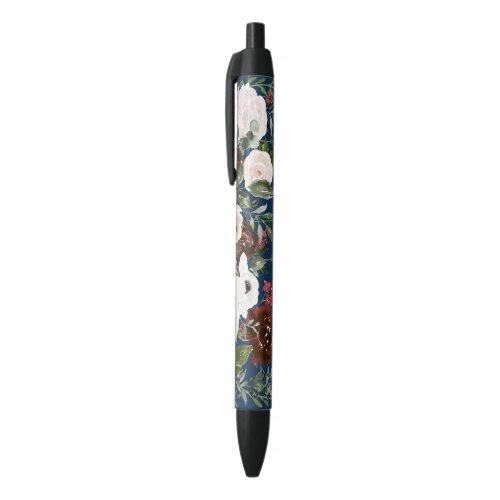 Elegant Navy Blue Blush Watercolor Floral Wedding  Black Ink Pen