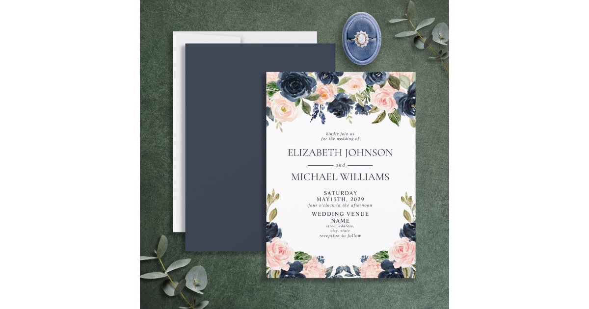 Elegant Navy Blue Blush Watercolor Floral Wedding Invitation | Zazzle
