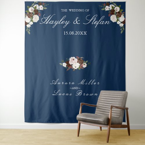 Elegant Navy Blue Blush Watercolor Floral Wedding  Tapestry