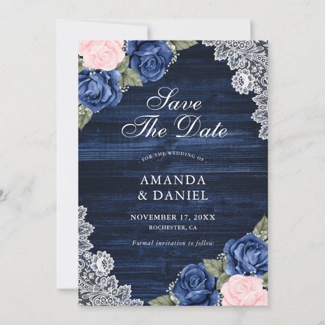 Elegant Navy Blue Blush Wood Lace Floral Wedding Save The Date (Front)