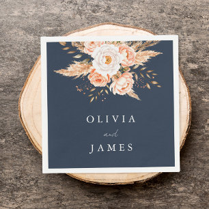 Elegant Navy Blue Boho Chic Floral Wedding Napkins