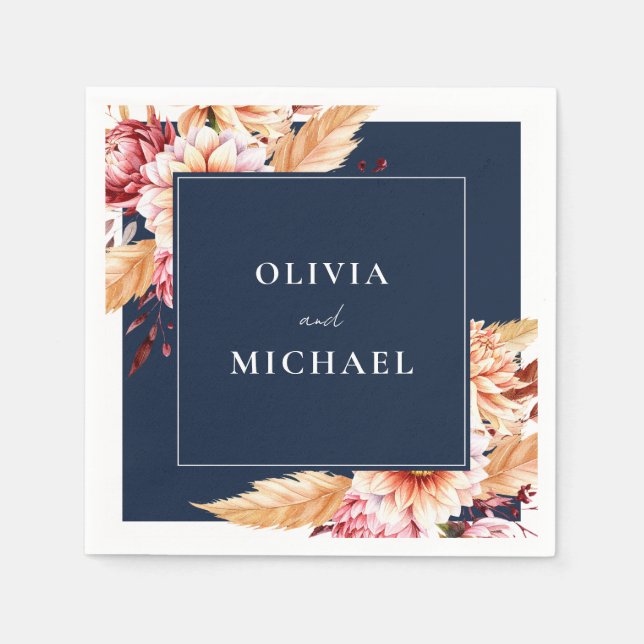Elegant Navy Blue Boho Chic Floral Wedding Napkins (Front)