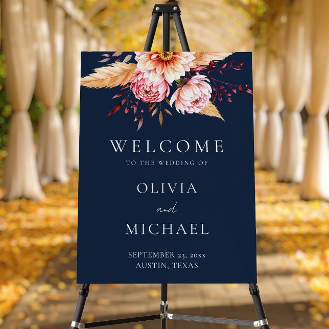 Elegant Navy Blue Boho Chic Floral Wedding Welcome Foam Board (Creator Uploaded)
