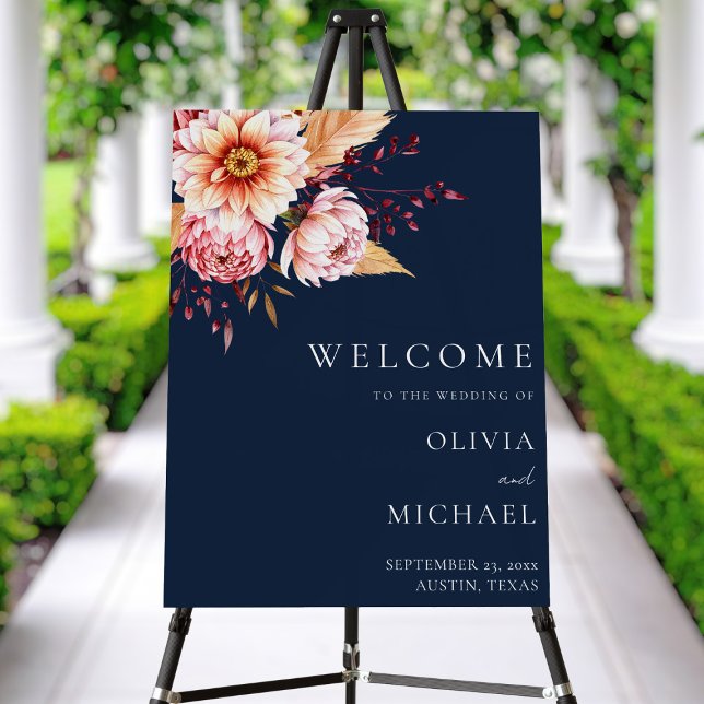 Elegant Navy Blue Boho Chic Floral Wedding Welcome Foam Board (Creator Uploaded)