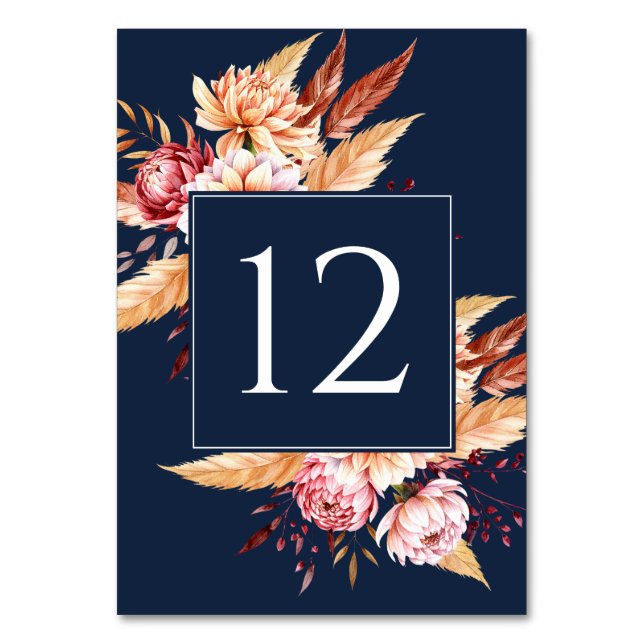 Elegant Navy Blue Boho Floral Wedding Table Number (Front)