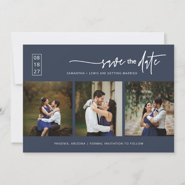 Elegant Navy Blue Boho Save the Date QR Code Photo Invitation (Front)
