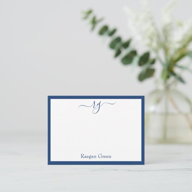 Elegant Navy Blue Border Monogram Note Card (Standing Front)