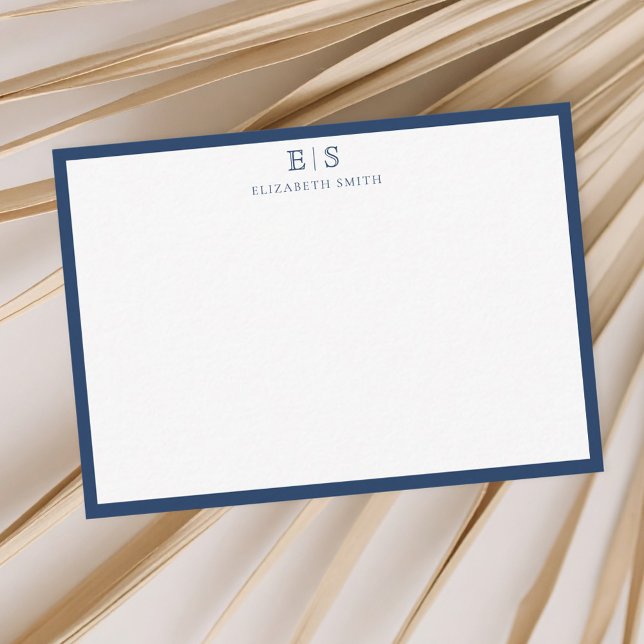 Elegant Navy Blue Border Monogram Note Card (Creator Uploaded)