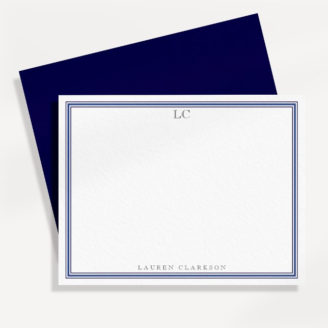 Elegant Navy Blue Border Monogram Stationery Note  Invitation (Creator Uploaded)
