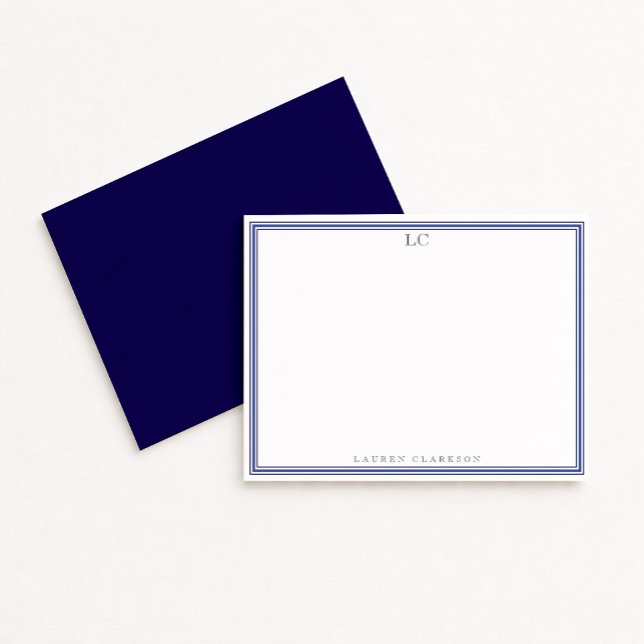 Elegant Navy Blue Border Monogram Stationery Note  Invitation (Creator Uploaded)
