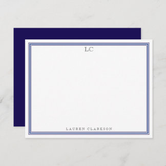 Elegant Navy Blue Border Monogram Stationery Note Invitation
