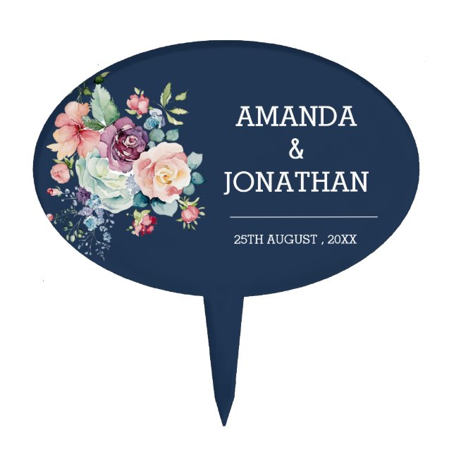 Elegant Navy Blue Botanical Cake Topper (Front)