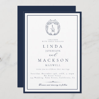 Elegant Navy Blue botanical crest monogram wedding Invitation