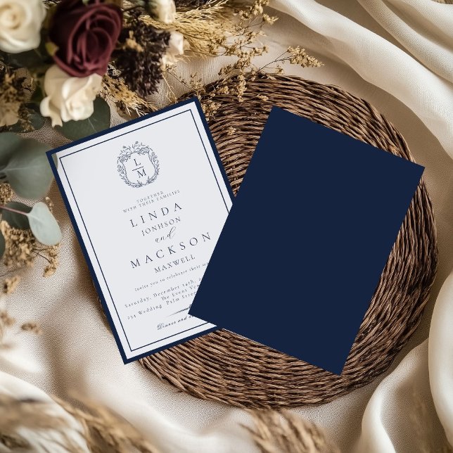 Elegant Navy Blue botanical crest monogram wedding Invitation (Creator Uploaded)