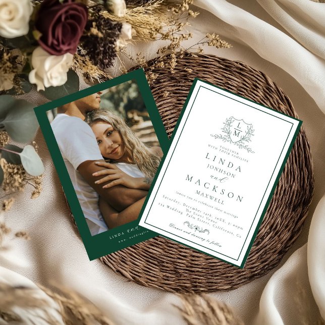 Elegant Navy Blue botanical crest monogram wedding Invitation (Creator Uploaded)